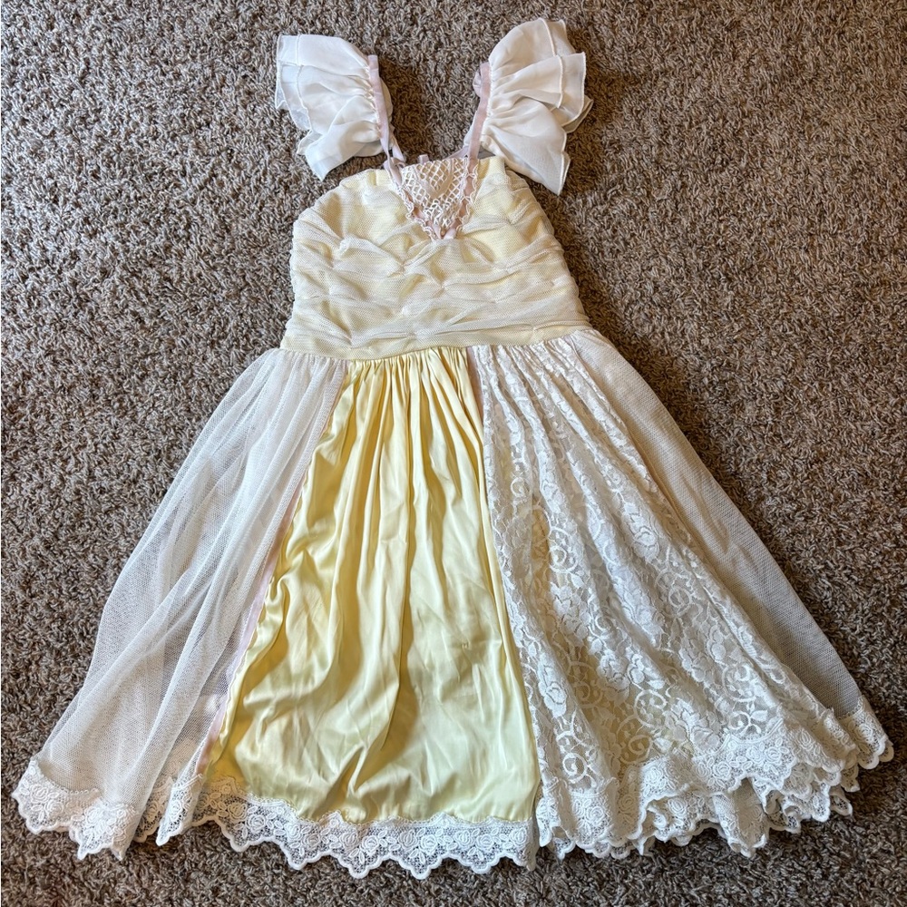Dollcake Yellow and White Lace Vintage Style Dress with Ruffle Straps Size 8